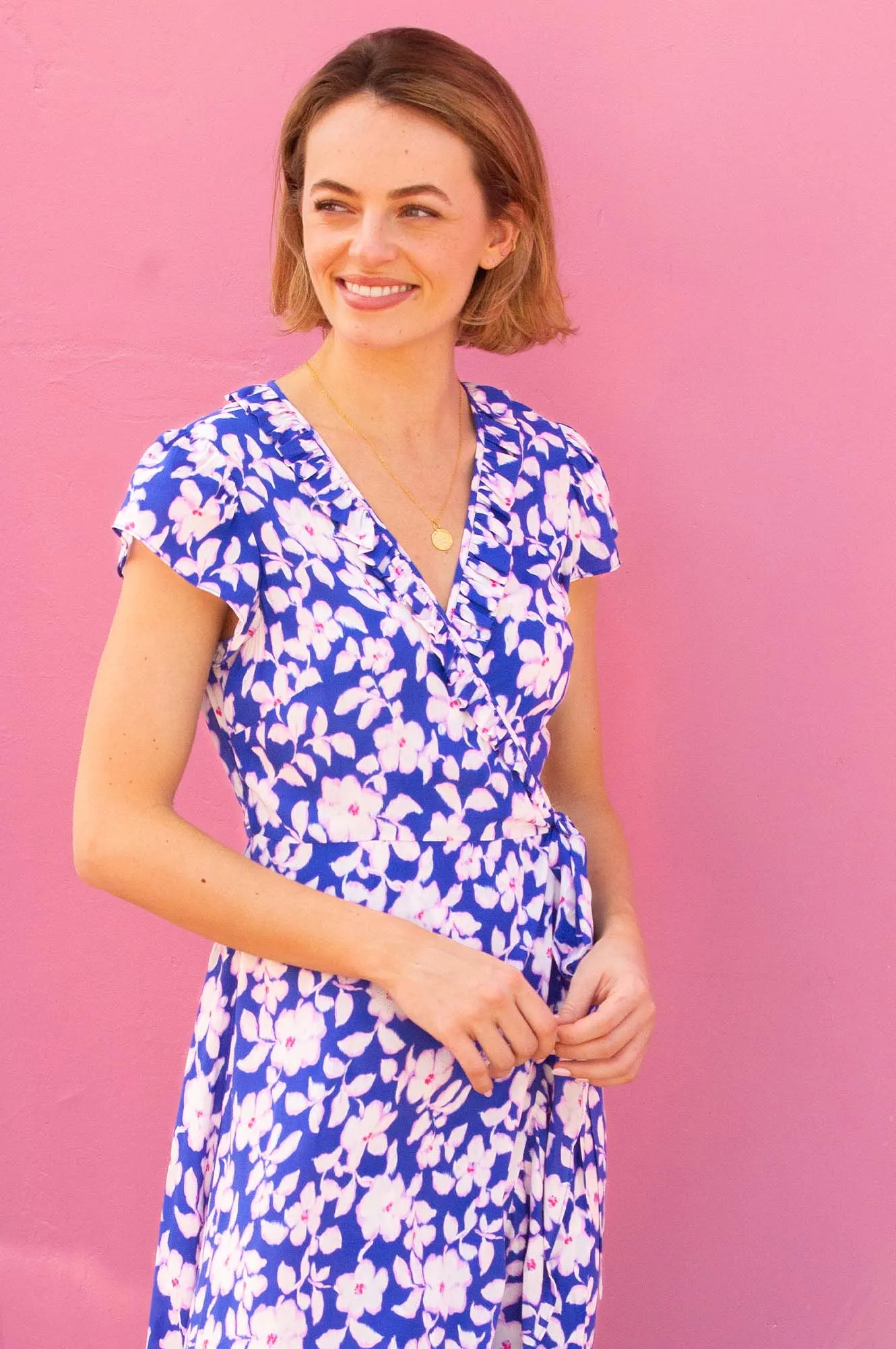 Vintage-inspired knee-length piece Demi EcoVero? Wrap Dress | Blossom Cobalt/Pink