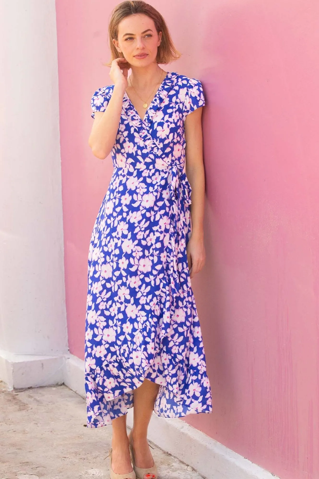 Effortless Glam Metal Shine Demi EcoVero? Wrap Dress | Blossom Cobalt/Pink