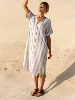 Athena Cotton Dress Azure Stripe Flower Lane
