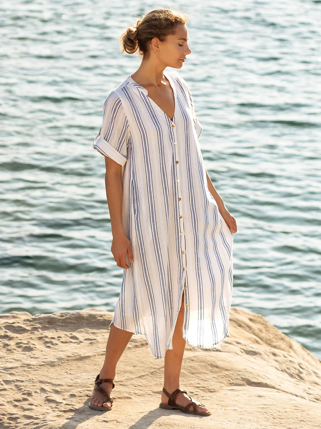 Athena Cotton Dress Azure Stripe City Mood Versatile Silhouettes