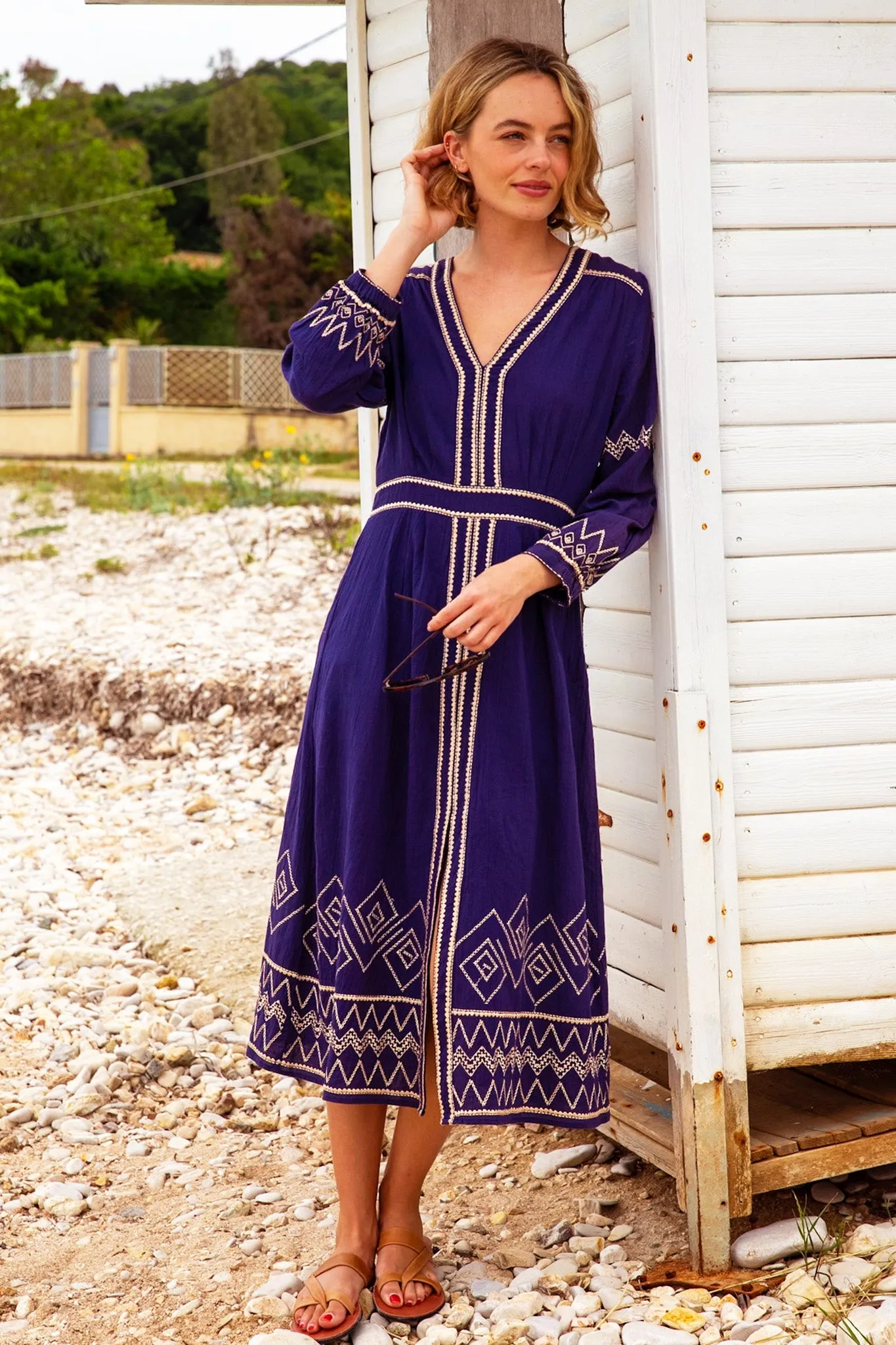 Jamila Embroidered Dress | Navy/Gold Market Day Grass Smell