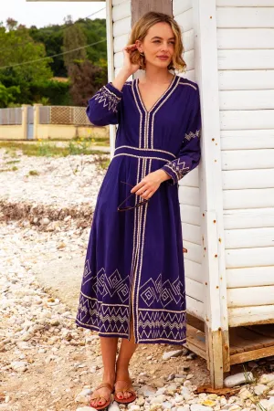 Jamila Embroidered Dress | Navy/Gold Market Day Grass Smell
