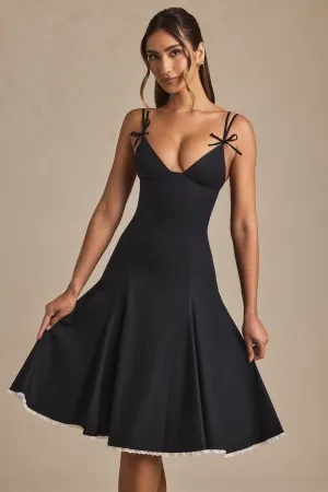 Bow-Detail Lace-Trim A-Line Midi Dress in Black Coffee Break
