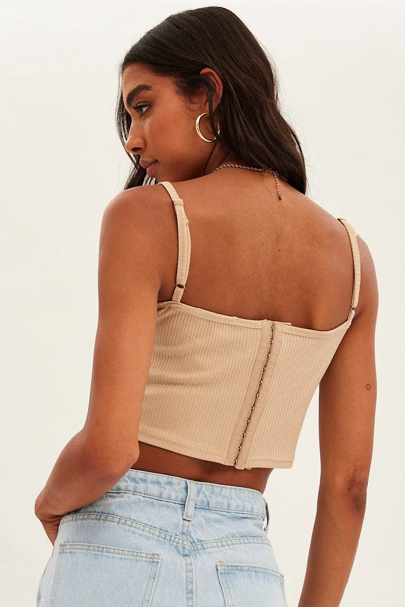 All-Season Wear Beige Corset Singlet Sleeveless Scoop Neck Rib Jersey