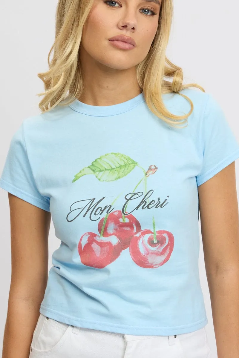 elastic waistband Blue Graphic Tee Short Sleeve
