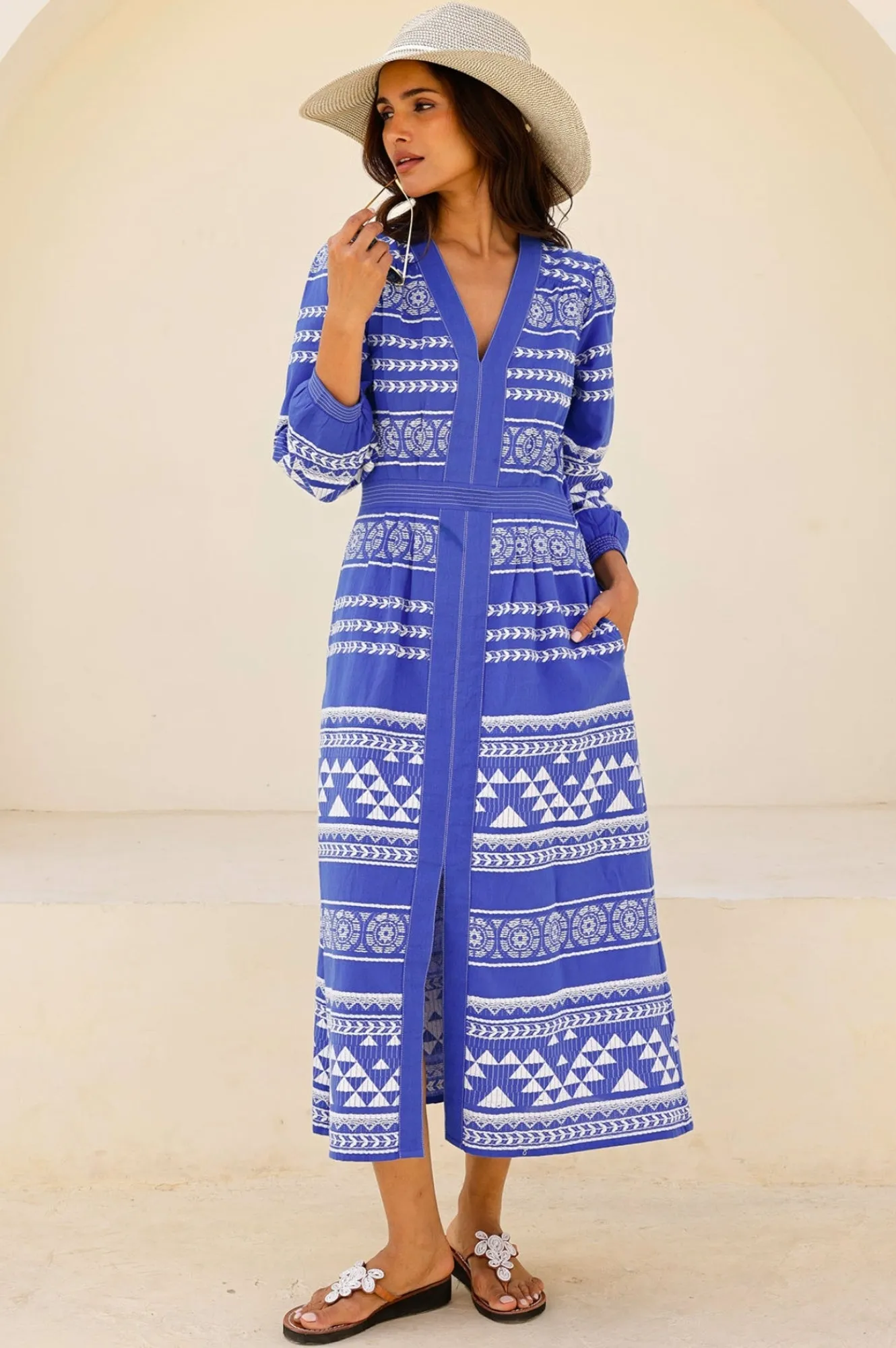 Jamila Jacquard Dress | Cobalt/White Bohemian-inspired midi Moon Beam