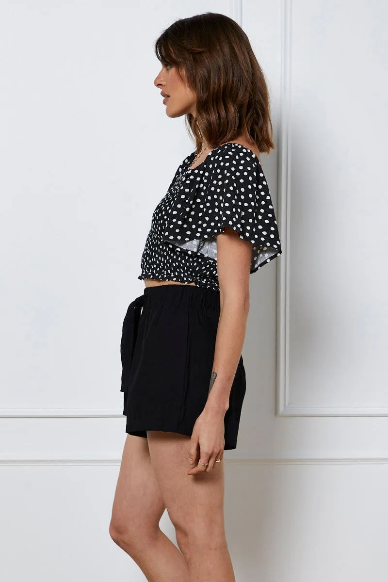 Black Tie Up Shorts High Waist Casual Style Abrasion Resistant Material