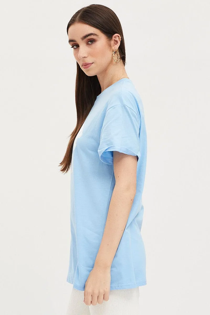Blue Graphic T Shirt Short Sleeve Low Impact Dye