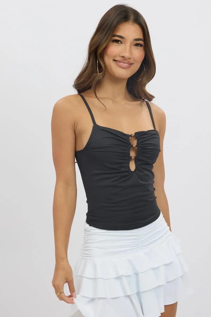Black Singlet Top Beads With Details Soft Fabric Warm Jacket