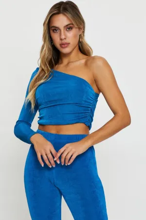 Blue Slinky Jersey One Shoulder Top Morning Ease