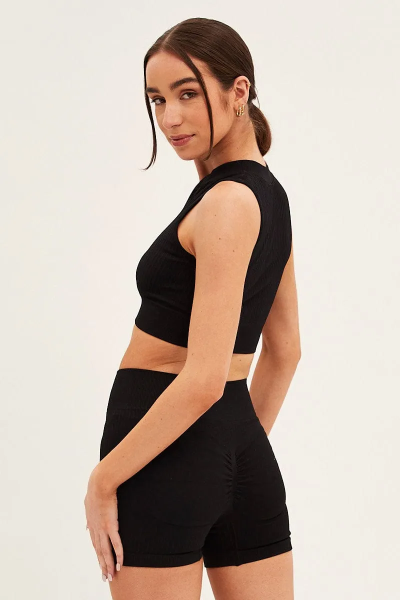 Black Seamless Zip Top And Bike Shorts Activewear Set GussetDesign