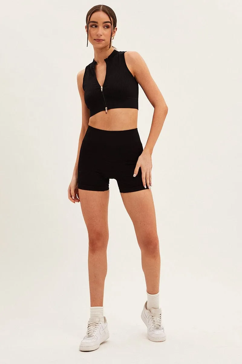 Warehouse Work Black Seamless Zip Top And Bike Shorts Activewear Set