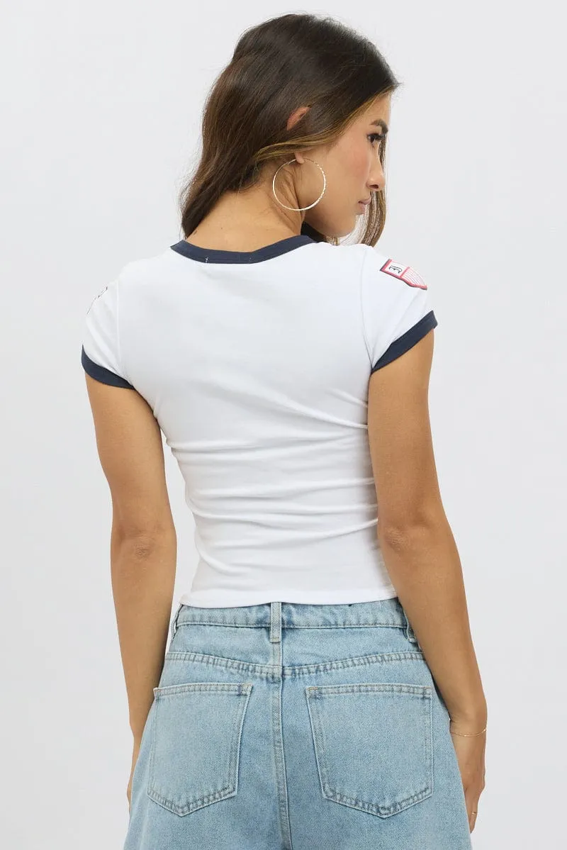 NonRestrictive Cut Spandex Enhanced Elasticity White Graphic Tee Short Sleeve