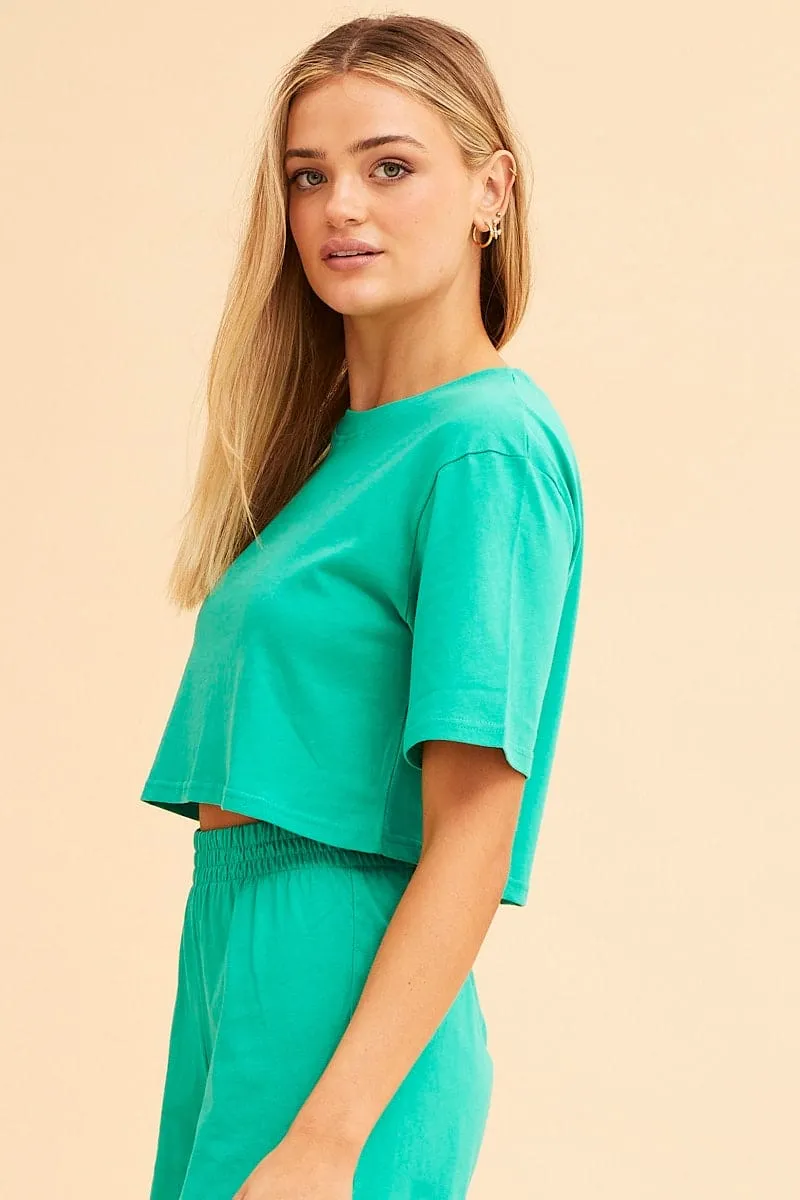 AntiPilling Green Jamie Cotton Jersey Crew Neck Cropped Tee