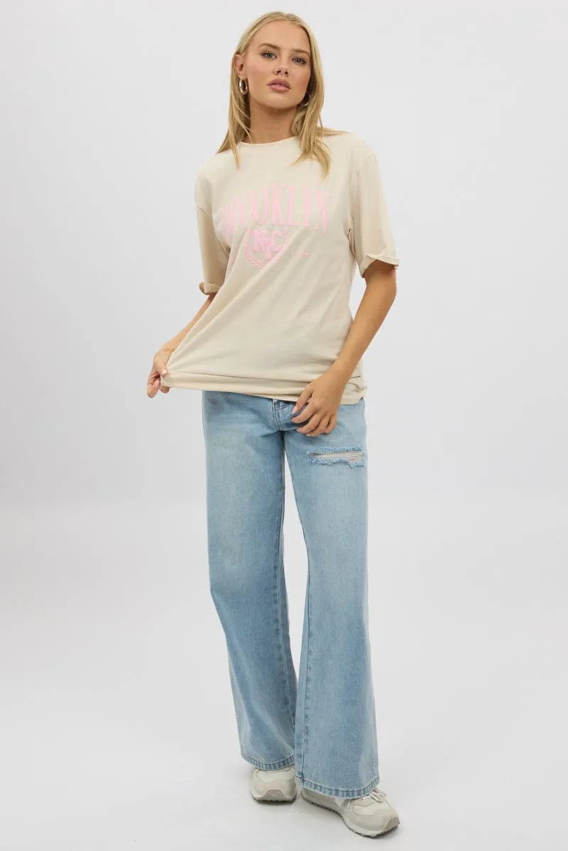 Minimal Look Beige Graphic Tee Short Sleeve