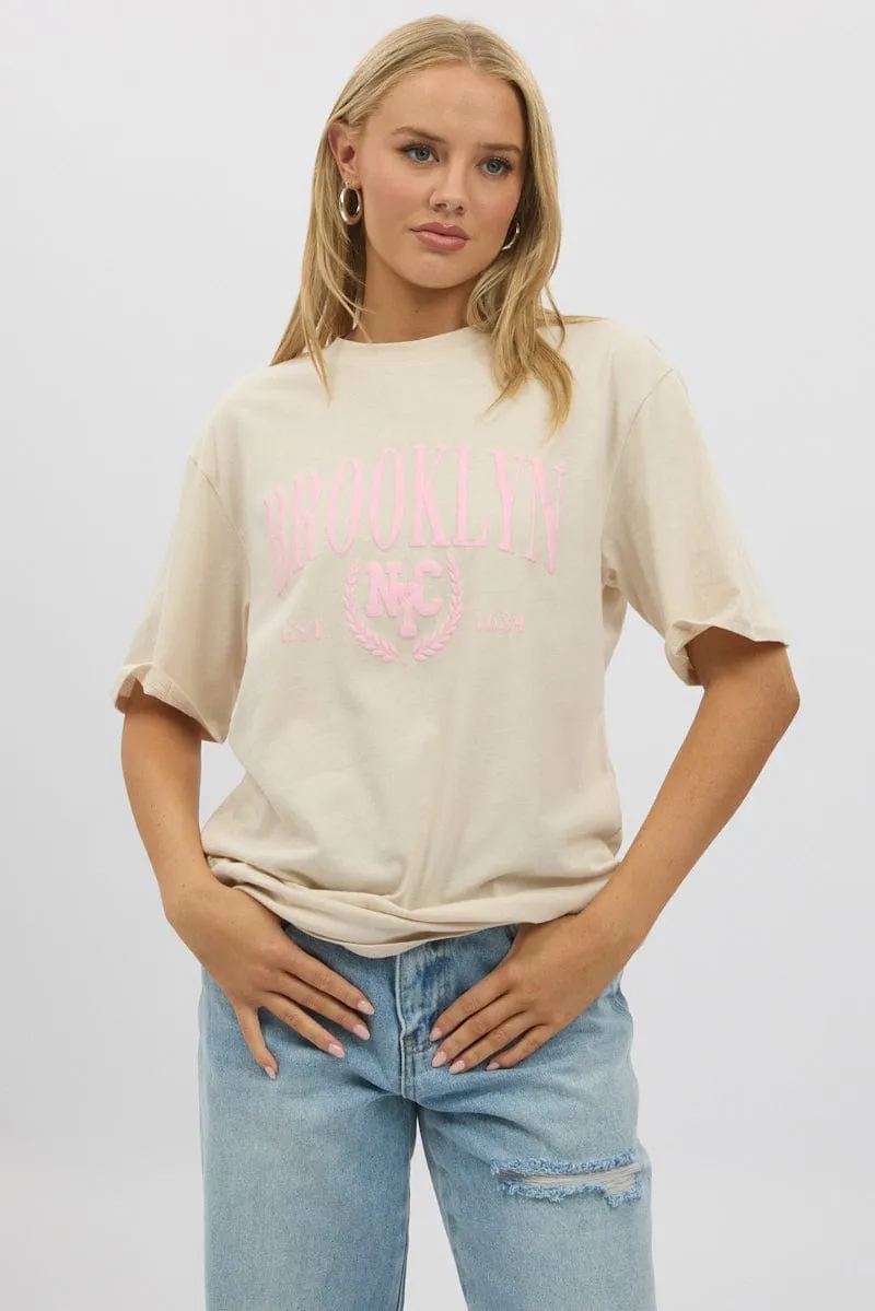 Trendy Comfort Fit Comfortable Look Beige Graphic Tee Short Sleeve