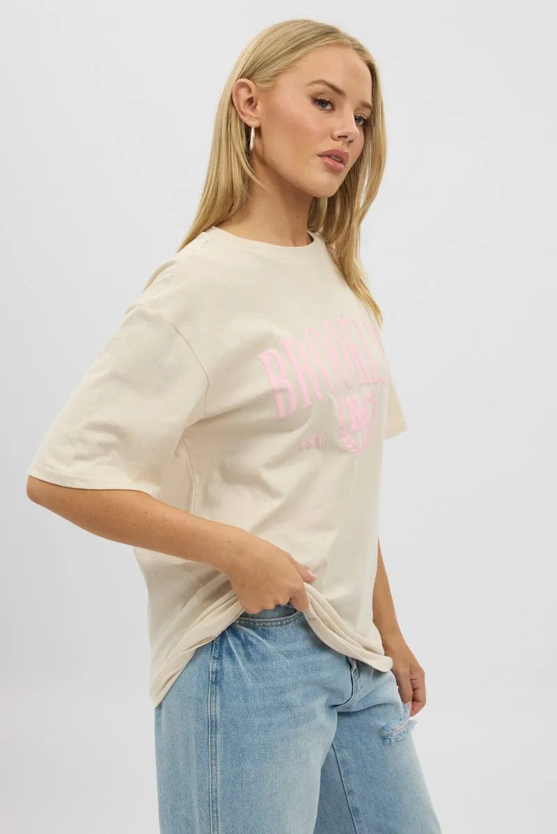 Classic Chic Layered Sleeve Construction Beige Graphic Tee Short Sleeve