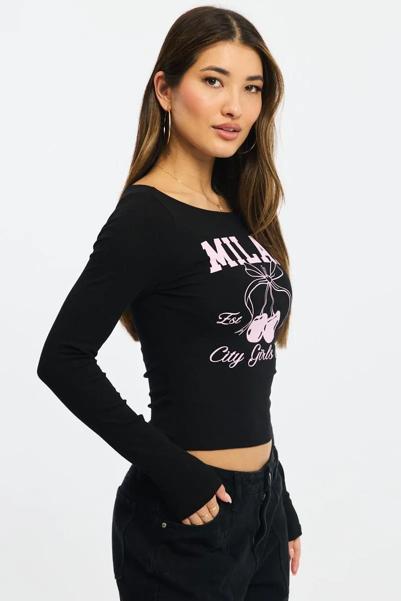 Black Graphic Tee Long Sleeve Minimal Fashion