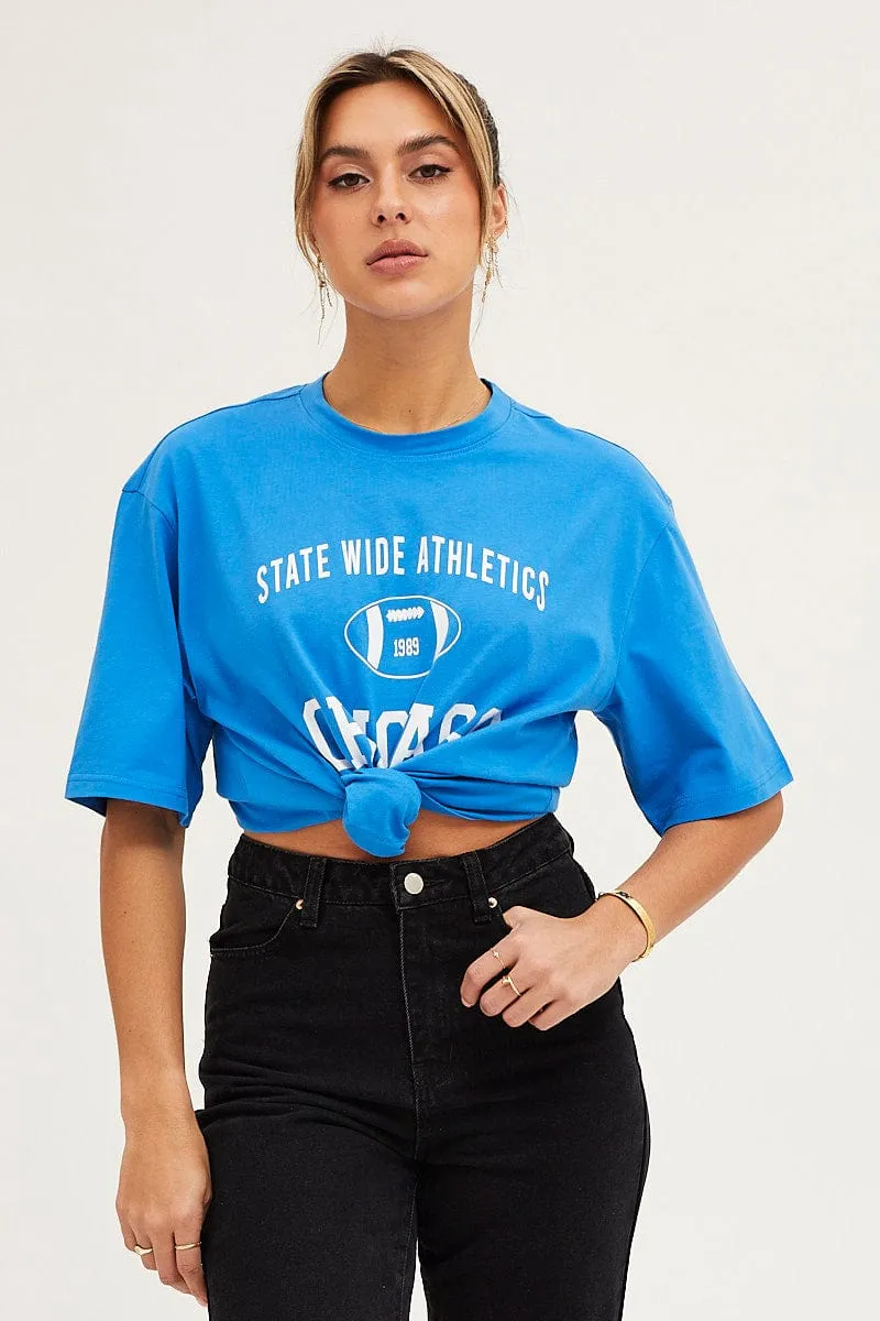 Blue Crew Neck Oversized Tee High-Quality Cotton LayeredSleeveConstruction