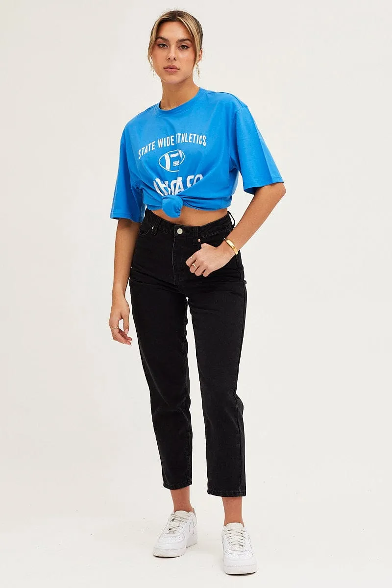 Active Style Trend Blue Crew Neck Oversized Tee