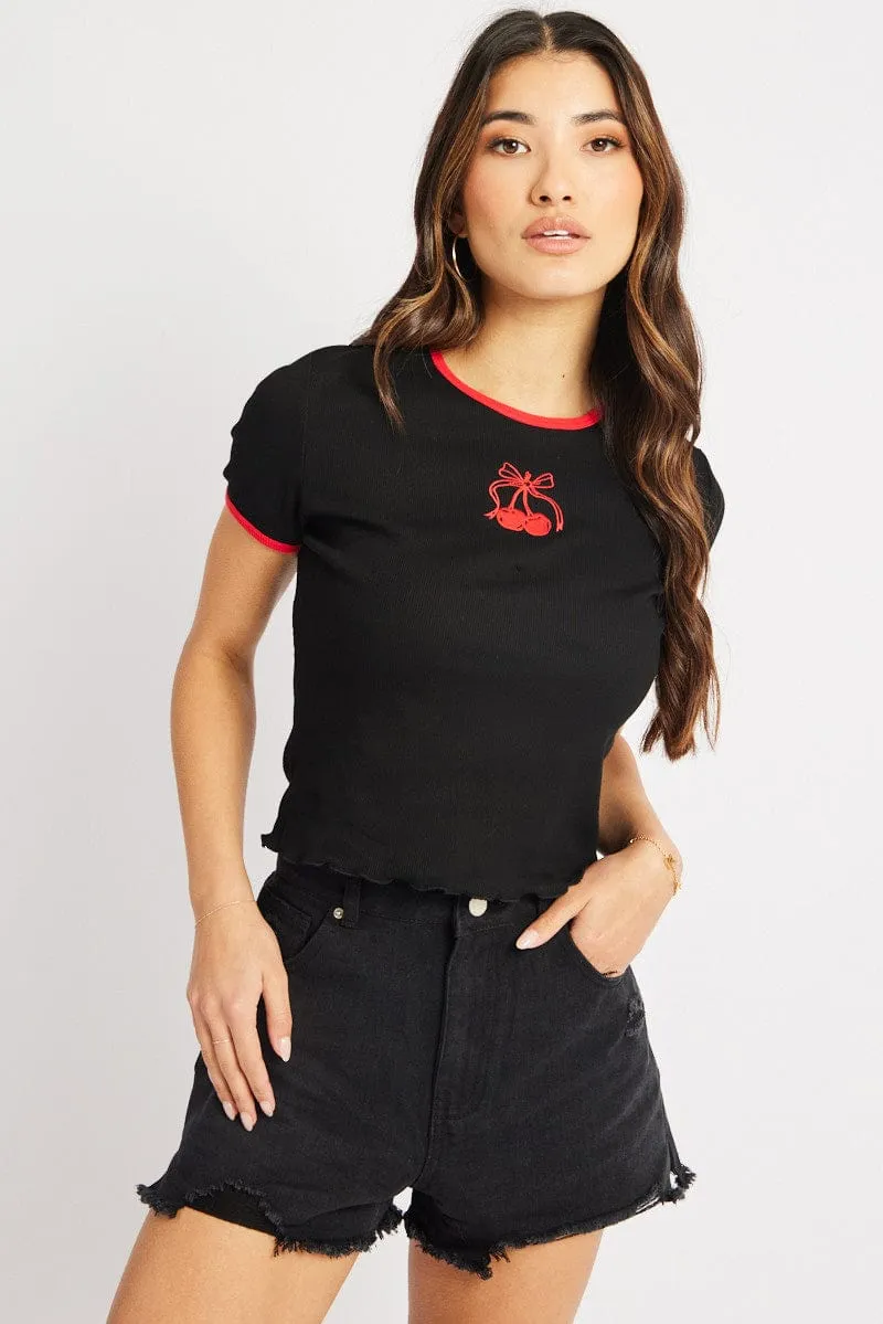 Black Graphic Tee Short Sleeve Soft Touch Texture