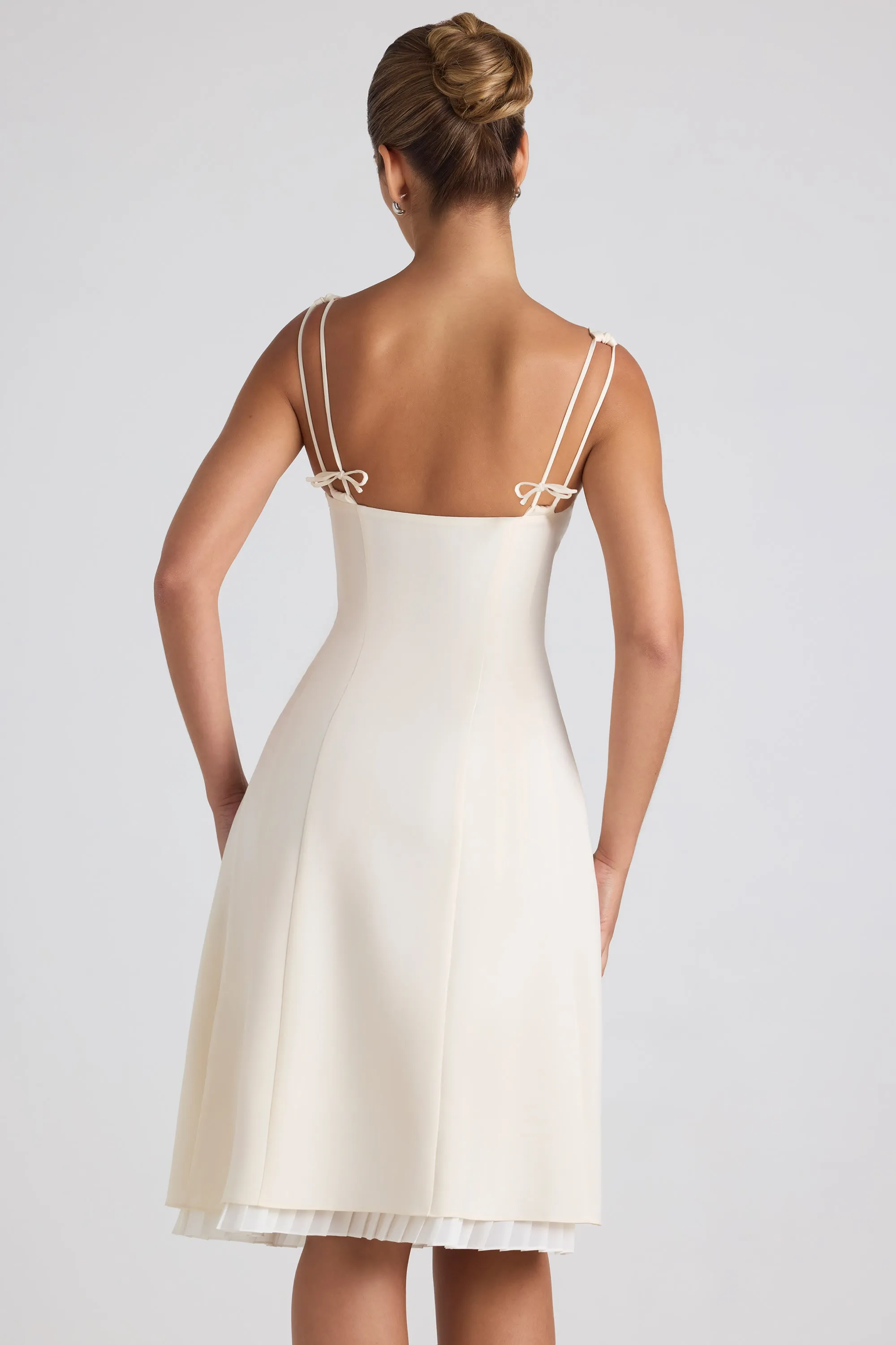 Bronze Tone Bow-Detail Pleated A-Line Midi Dress in Ivory