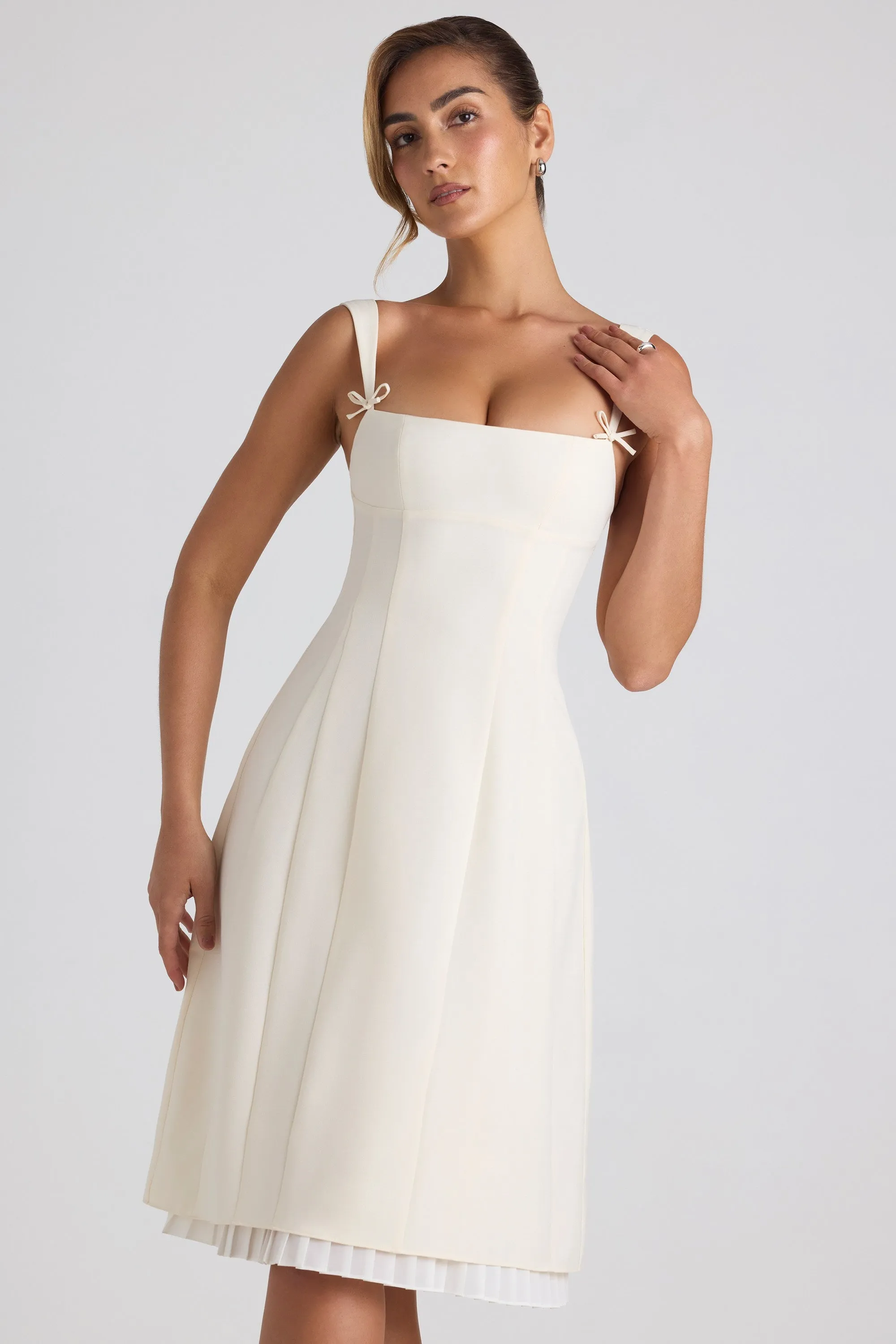 Bow-Detail Pleated A-Line Midi Dress in Ivory Velvet Smooth Casual chic midi