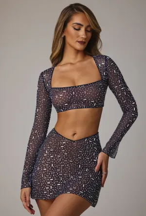Smooth Look Sheer Embellished V Waist Mini Skirt in Navy