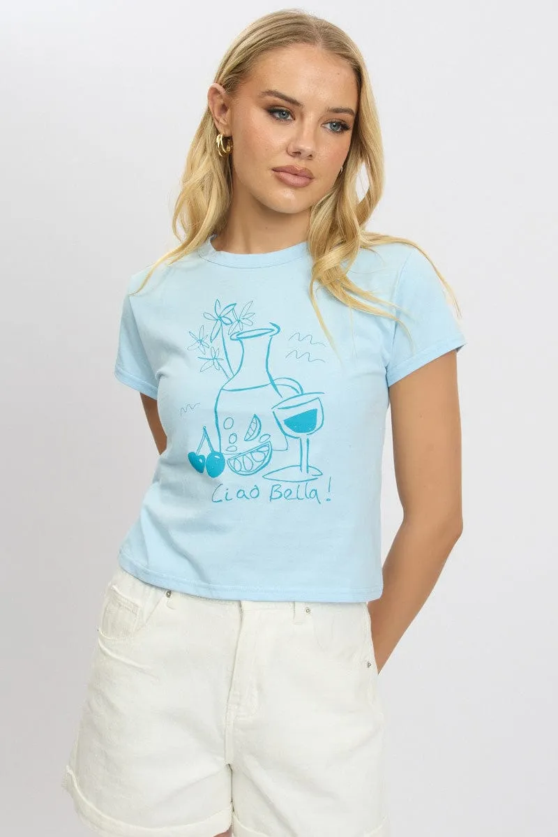 Blue Graphic Tee Short Sleeve Layered Collar
