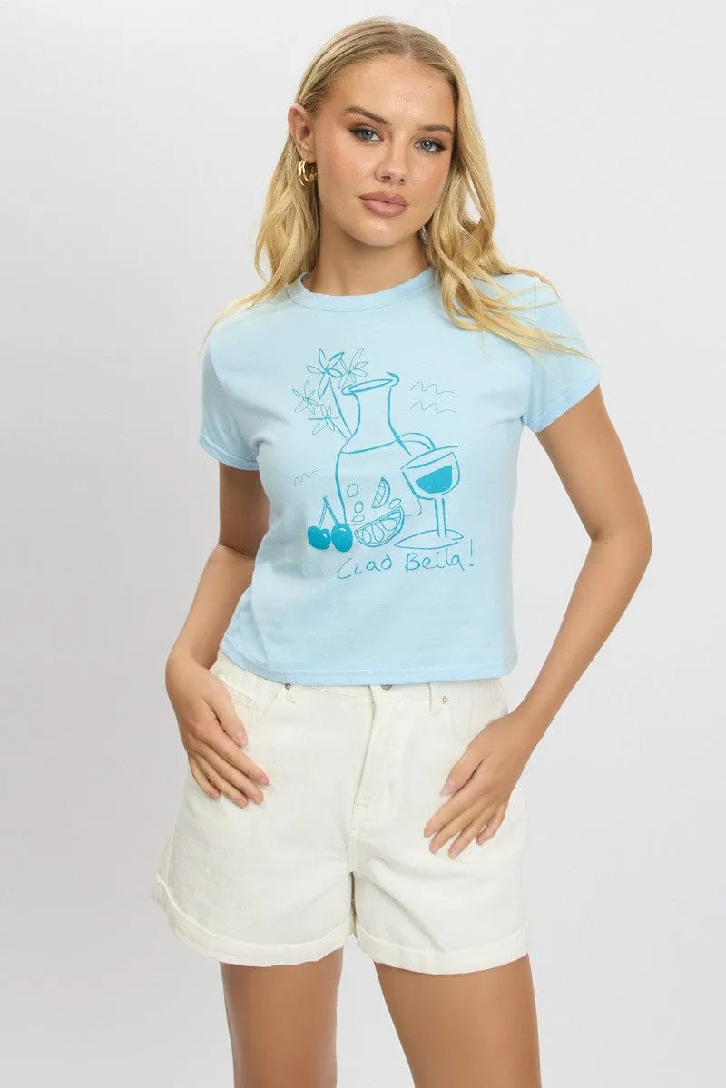Blue Graphic Tee Short Sleeve V neck elegance