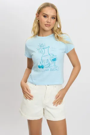 Blue Graphic Tee Short Sleeve V neck elegance