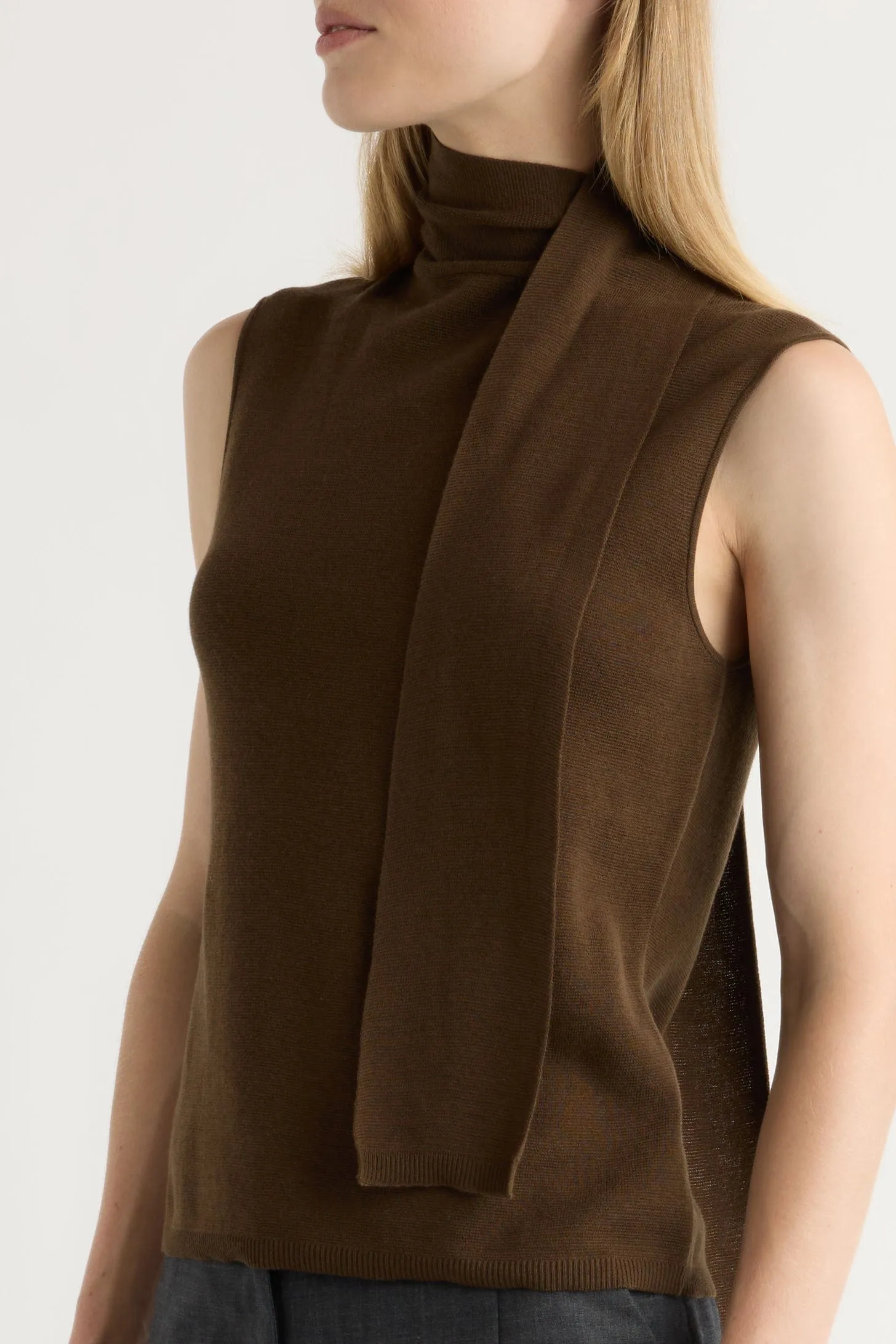 Demi Scarf-Neck Cotton-Silk Knit Top Double Layered Collars Side Slit Design