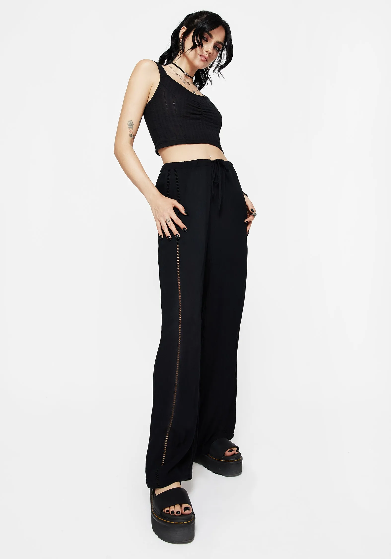 Lightweight Weave Blessing Lace Trim Wide Leg Trouser