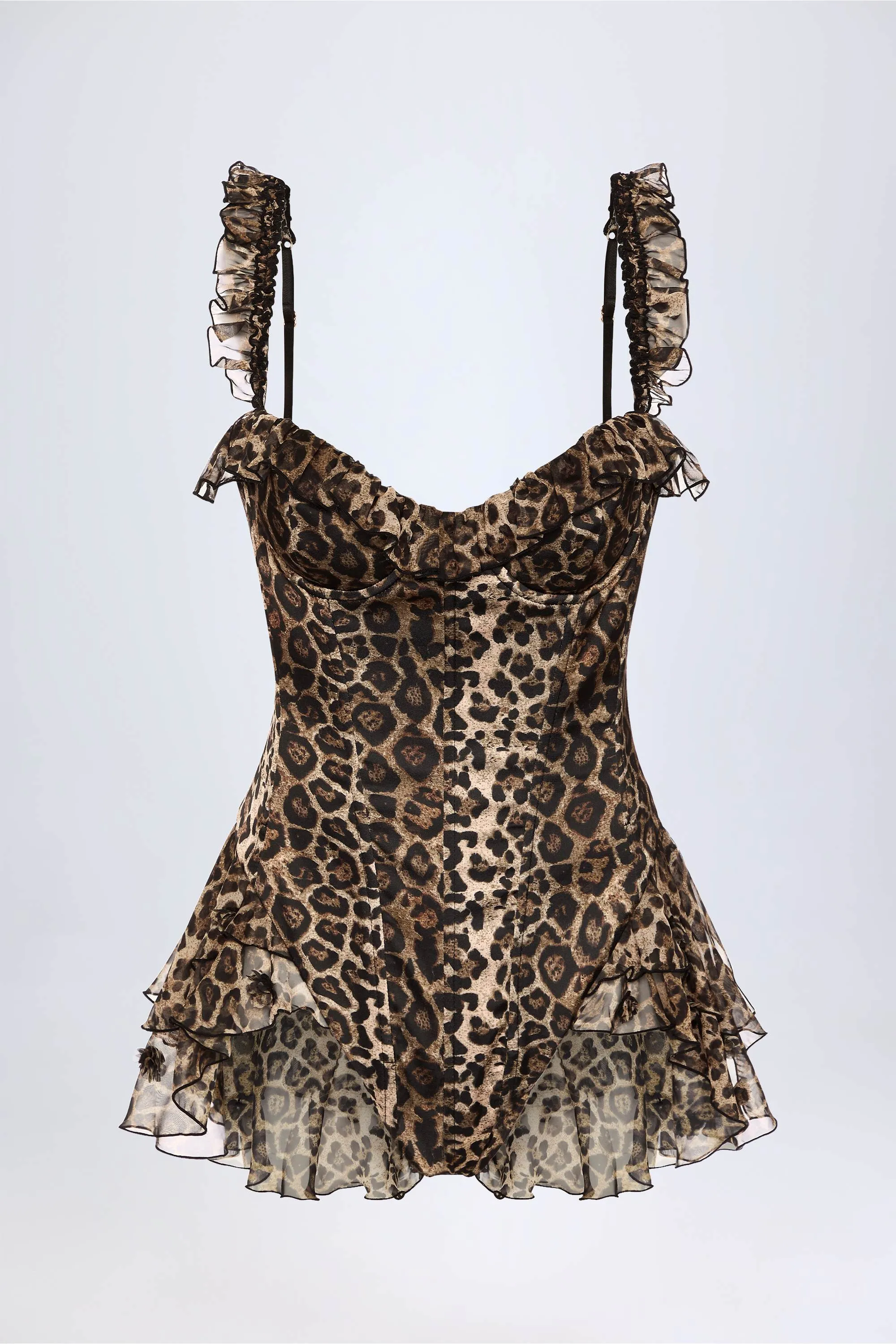 NonBindingCollar Ruffled Corset Bodysuit in Leopard Print