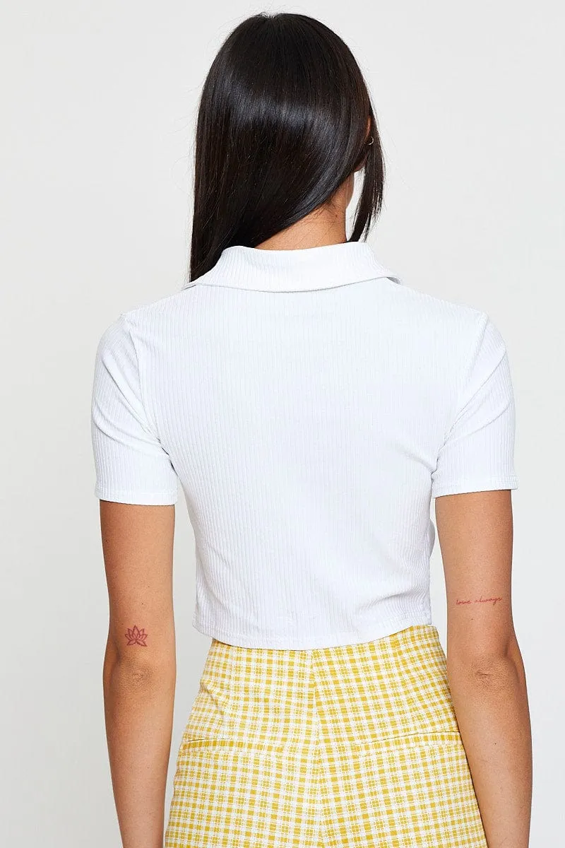 AntiPillingTechnology Aura Core White Jersey Top Short Sleeve Collared Ruche