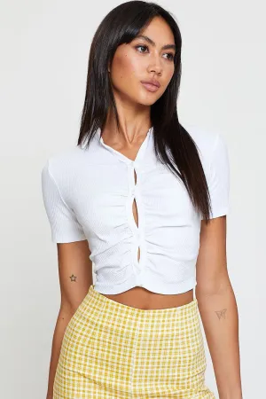 EasyCareMaterial Energy Mood White Jersey Top Short Sleeve Collared Ruche