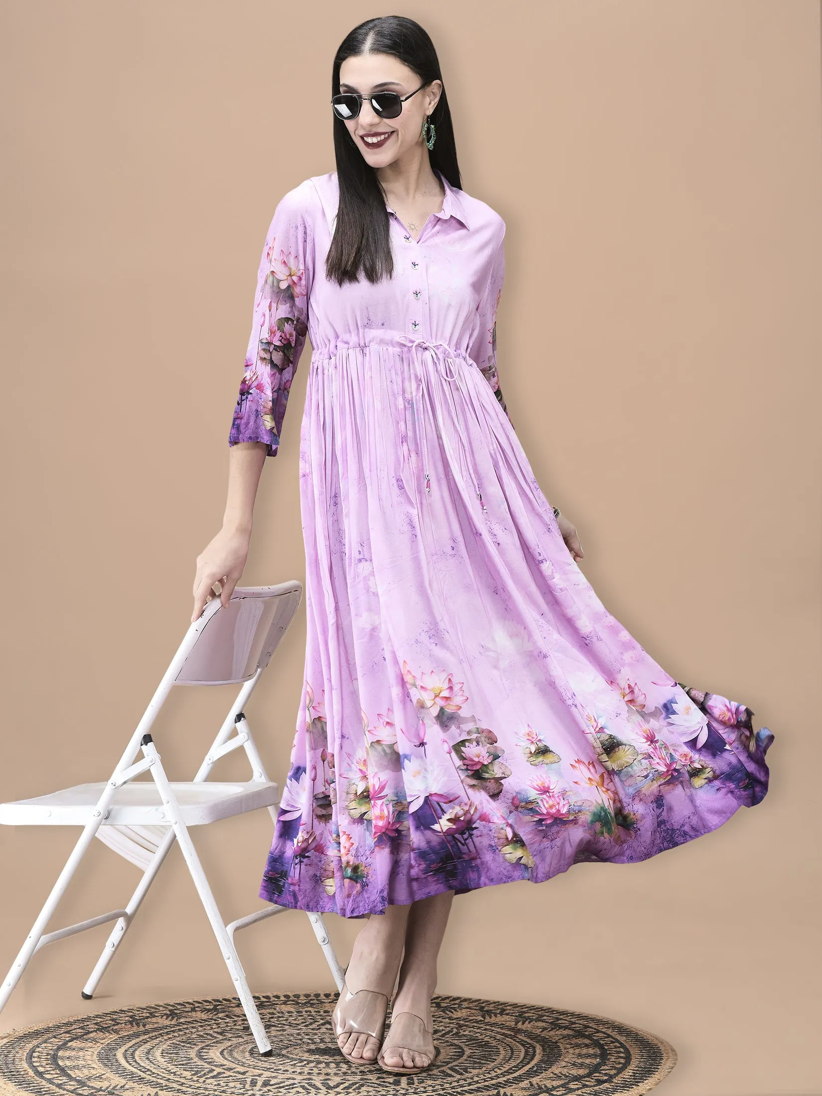 Women Liva Lilac Floral Print Dress FadeResistantDye FlexibleCollar