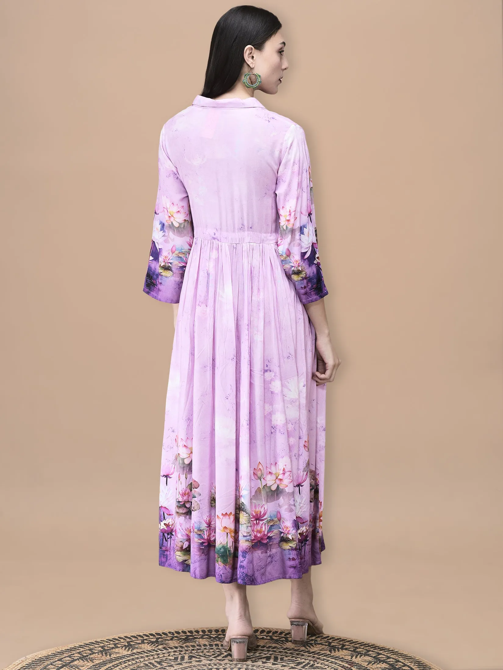 QuickDrying Elegant Wear Women Liva Lilac Floral Print Dress