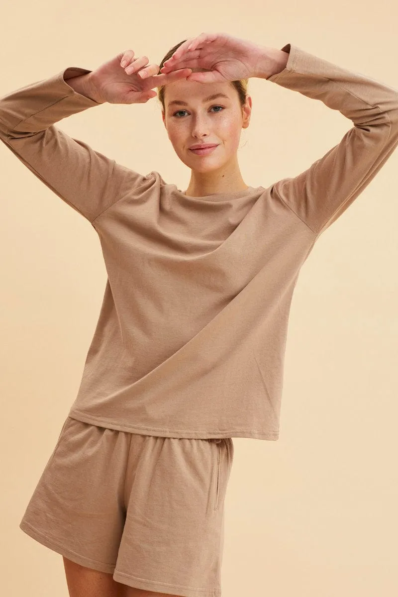 QuickDrying Fiber TagFreeDesign Beige Long Sleeve T-Shirt Crew Neck Cotton Regular Fit