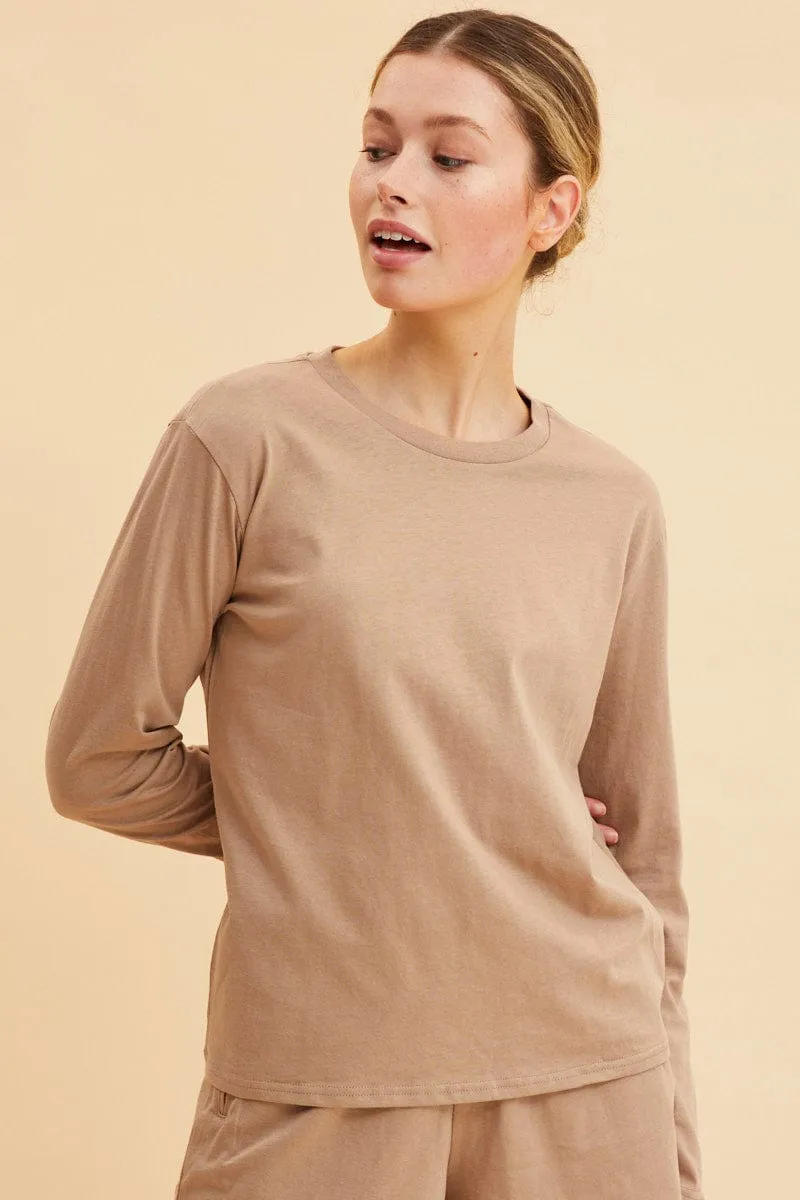 Beige Long Sleeve T-Shirt Crew Neck Cotton Regular Fit CoolingChannelFabric wrinkle free