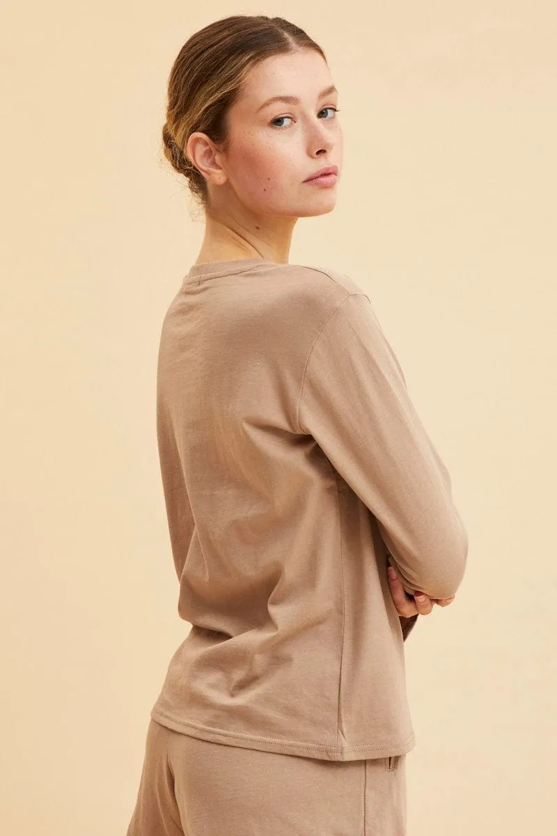 Beige Long Sleeve T-Shirt Crew Neck Cotton Regular Fit Chic Wear