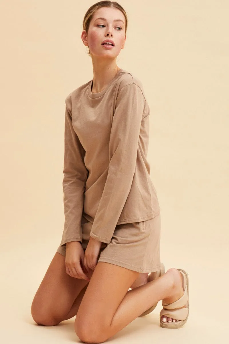 Beige Long Sleeve T-Shirt Crew Neck Cotton Regular Fit Travel Light