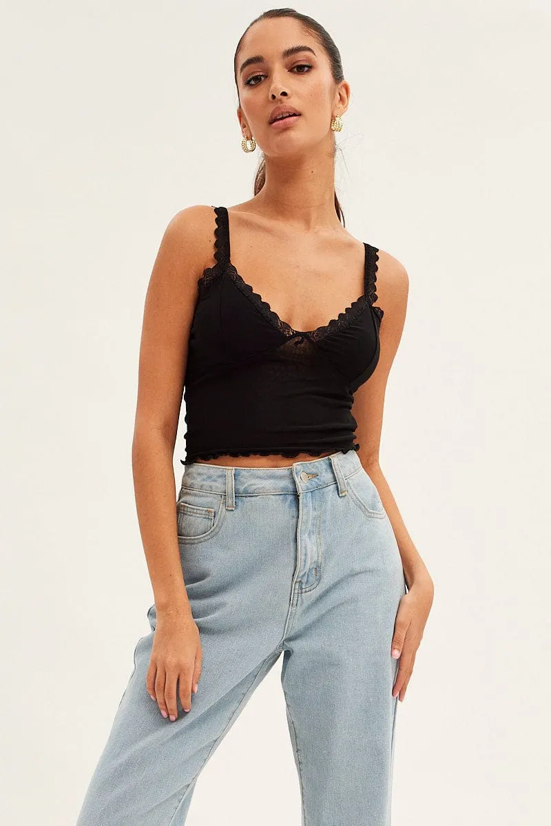 Black Mesh Lace Trim Cropped Cami Heroine Glow