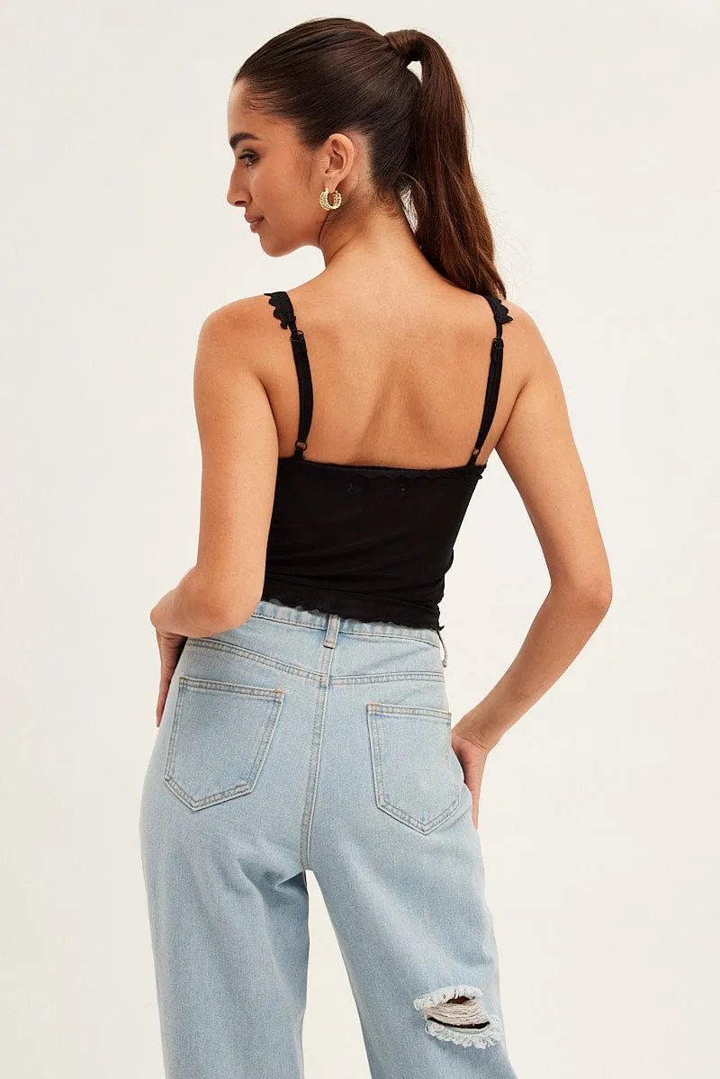 Outdoor Pants Black Mesh Lace Trim Cropped Cami