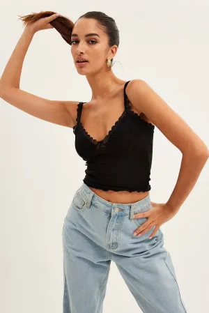 Black Mesh Lace Trim Cropped Cami NonRestrictiveCut Sun Protection Fabric