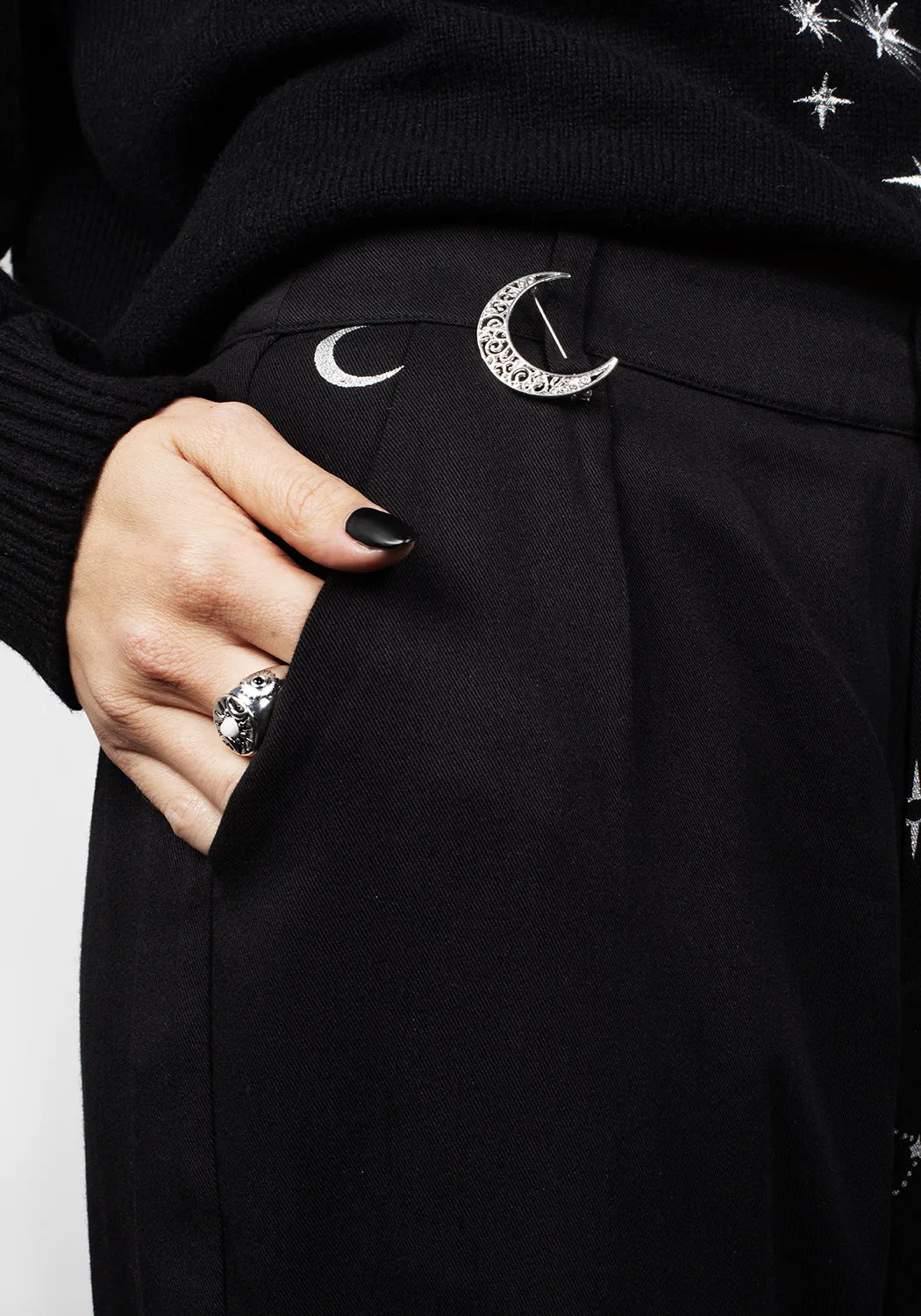 Street Comfort Embroidered Detail Silver Celestial Print Spliced Tapered Trousers
