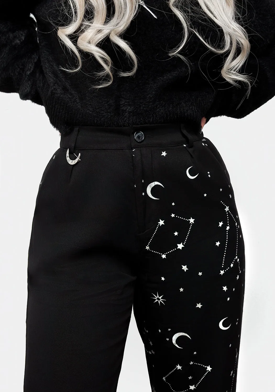 Silver Celestial Print Spliced Tapered Trousers Everyday Essential