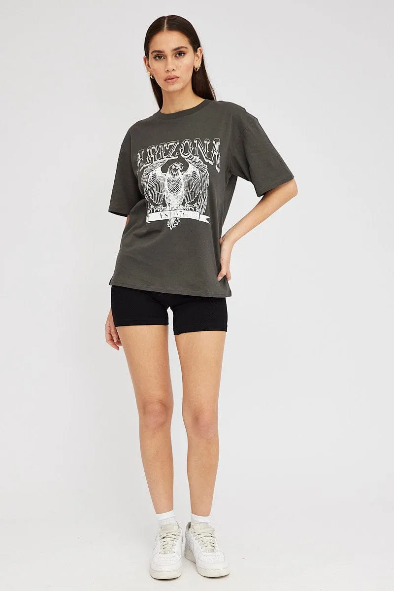 Grey Graphic Tee Short Sleeve Double Stitched Hem fade resistant color