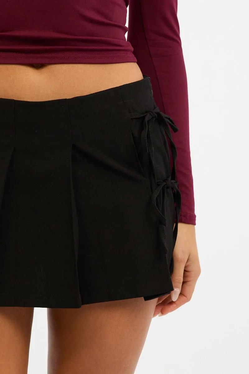 Black Pleated Skort Skirt High Waisted Mini Bow Detail Functional Look