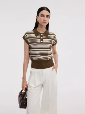 water storage Tencel Blend Polo Collar Stripe Women Cap Sleeve Knit Tank Top